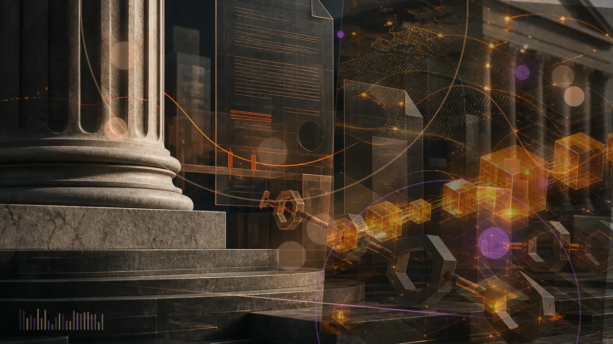 Conceptual illustration of cryptocurrency mining chips beside an expired Hong Kong stock-exchange listing document