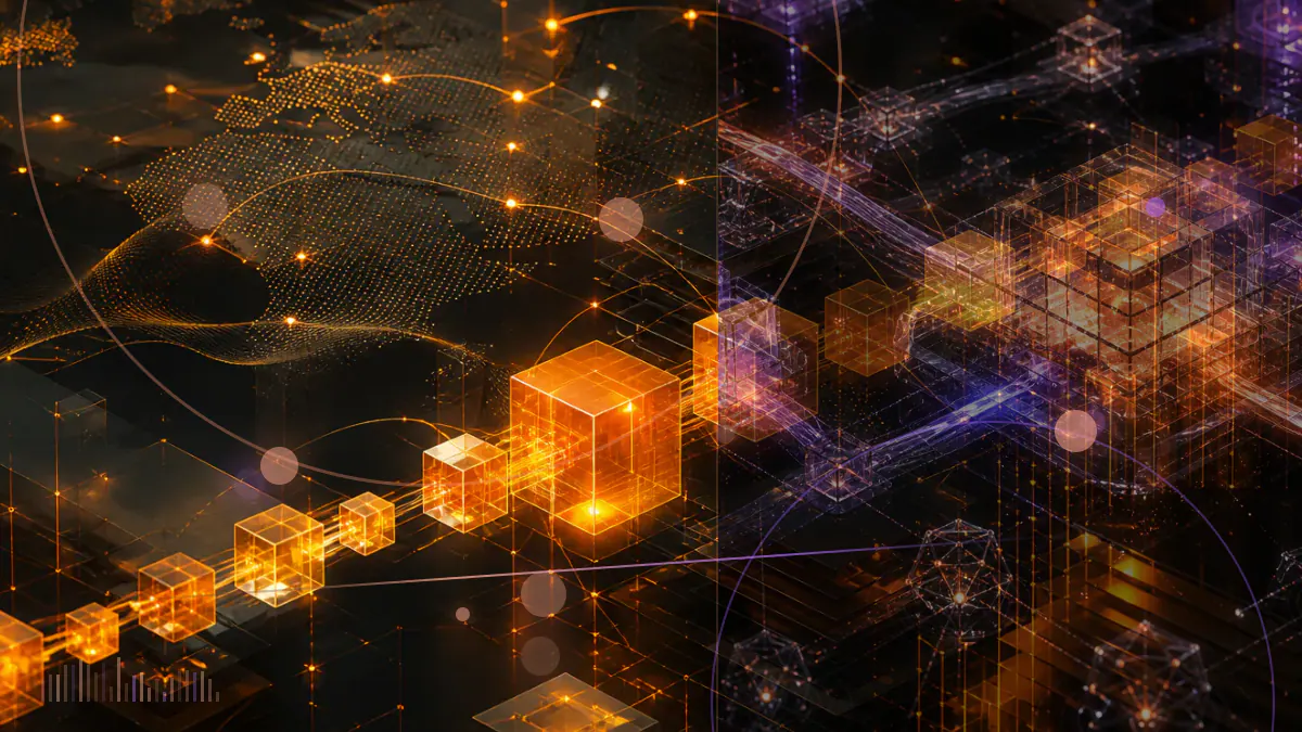 Conceptual illustration of a cryptocurrency derivatives exchange terminal facing a federal anti-money-laundering compliance ledger