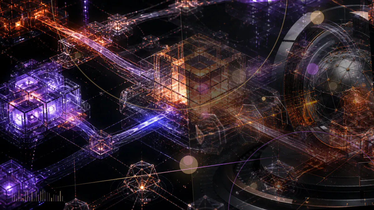 Conceptual illustration of open-source code flowing from a cryptocurrency exchange toward the Bitcoin network
