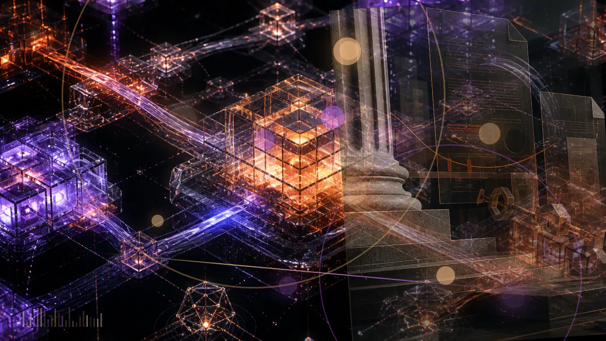 Conceptual illustration of BitTorrent data fragments flowing through a token-sale gateway built from interconnected blockchain nodes