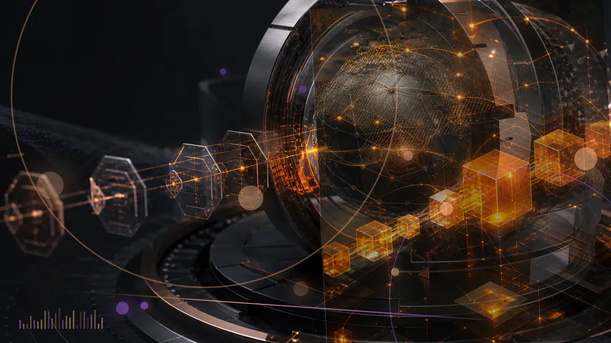 Conceptual illustration of a diversified cryptocurrency basket entering a regulated exchange-traded fund filing process beside a rising bitcoin market chart