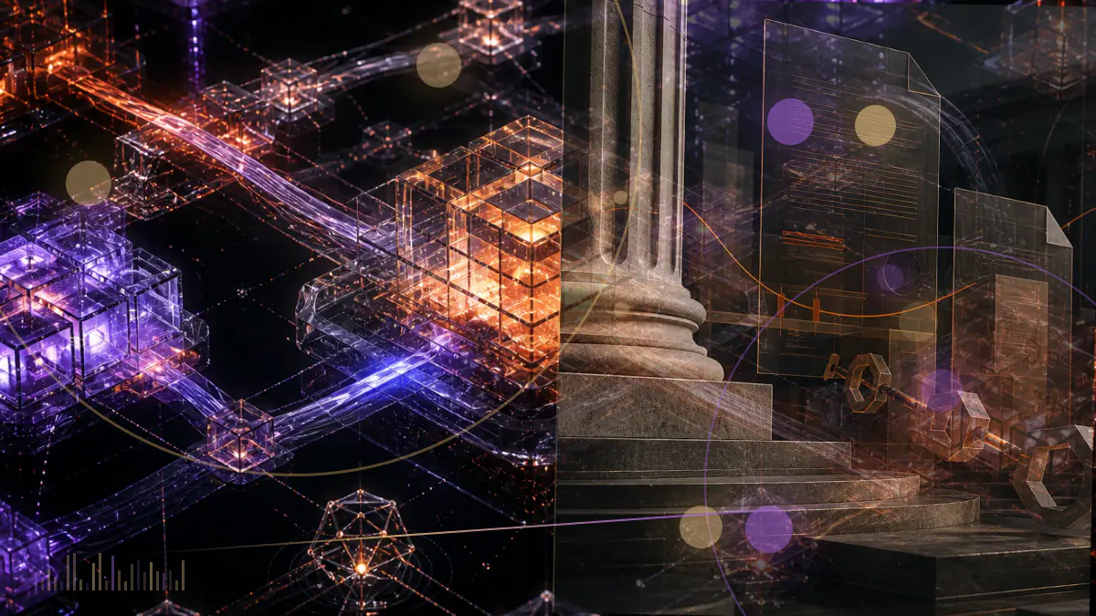 Conceptual illustration of a bitcoin token beneath regulatory filing pages and a fragmented digital-asset market grid