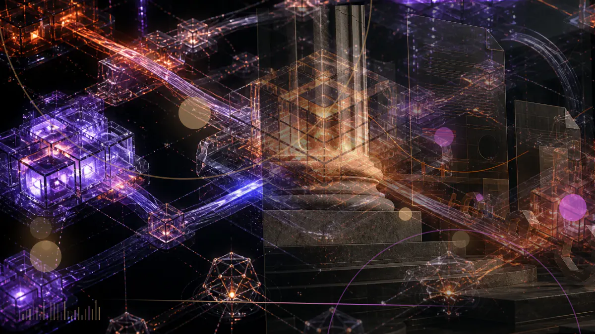 Conceptual illustration of BlackRock and Bitwise bitcoin fund documents entering an SEC regulatory review ledger