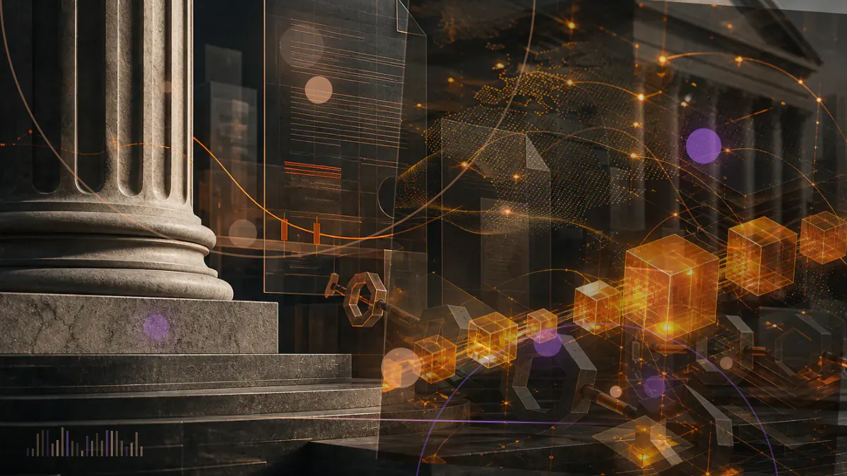 Conceptual illustration of an institutional fund ledger connecting U.S. Treasury instruments with the Ethereum network