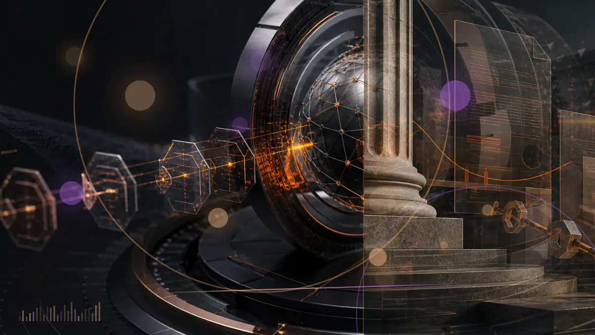 Conceptual illustration of an ether symbol entering a securities filing ledger beside exchange, benchmark and custody nodes