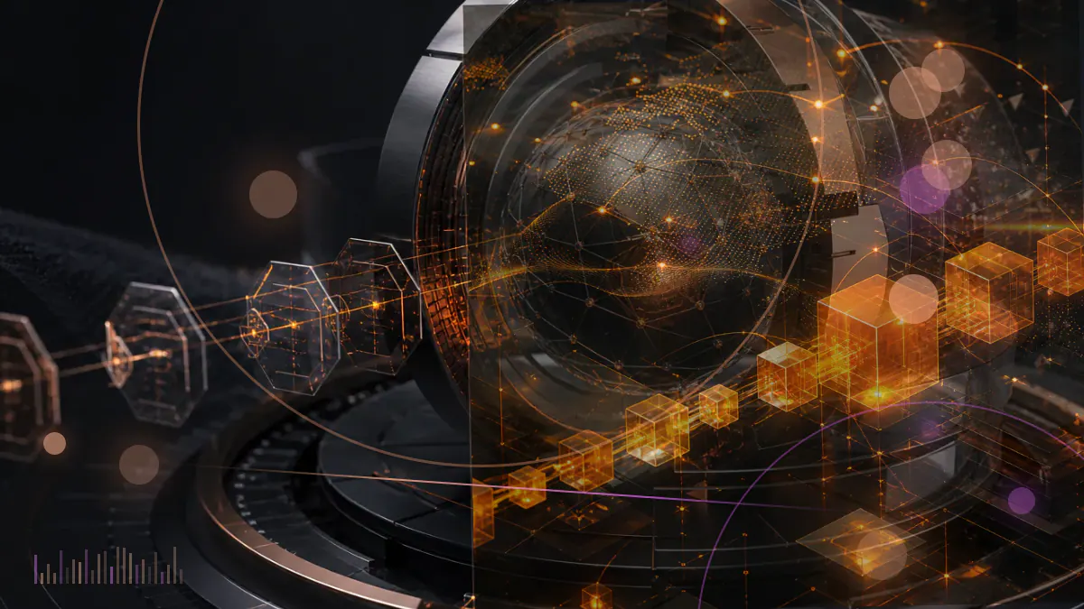 Conceptual illustration of a bitcoin symbol passing between a gold-toned global asset sphere and institutional securities architecture