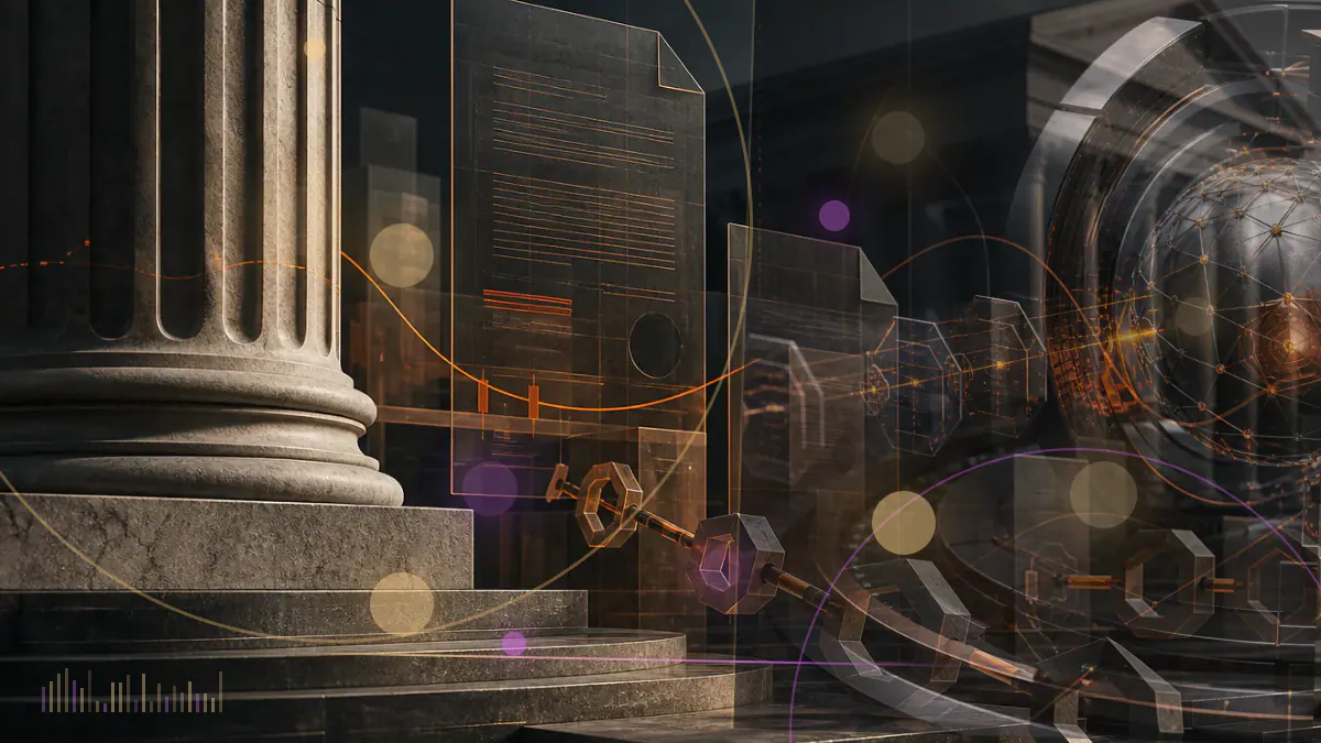 Conceptual illustration of an ether symbol reflected in an institutional trust document and exchange-market grid