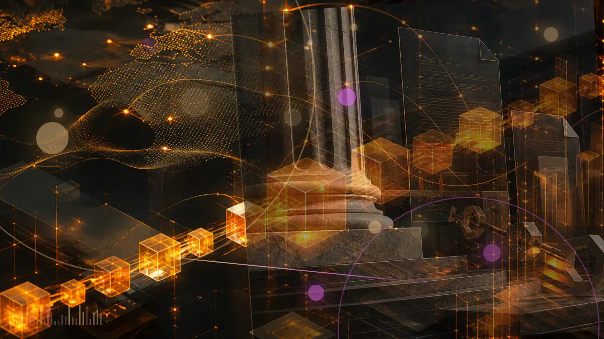 Conceptual illustration of BlackRock fund documents connecting a regulated futures market to the Bitcoin network without transferring physical bitcoin