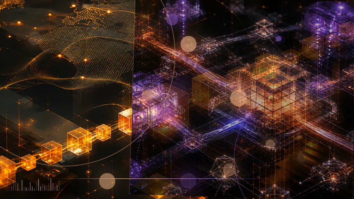 Conceptual illustration of EOS tokens transitioning from an Ethereum ledger toward newly released EOSIO blockchain software