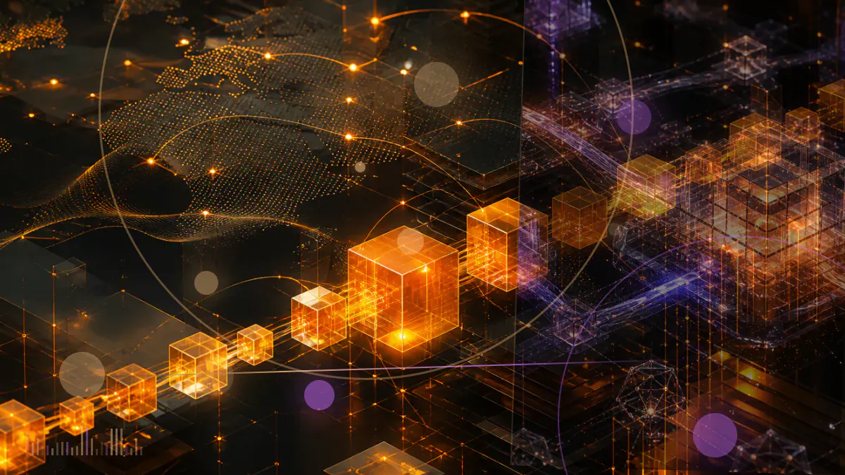 Conceptual illustration of a social-media conversation network connected to an EOS-style blockchain ledger
