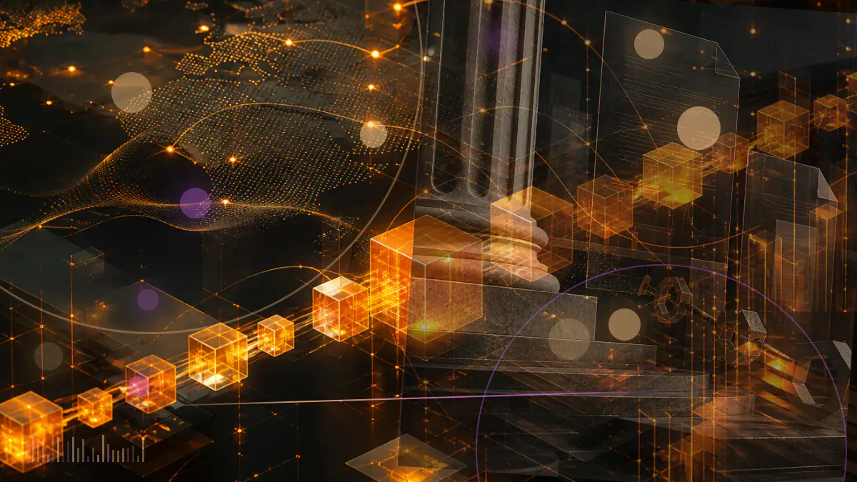 Conceptual illustration of a crypto interest-account ledger intersecting with federal and state regulatory documents