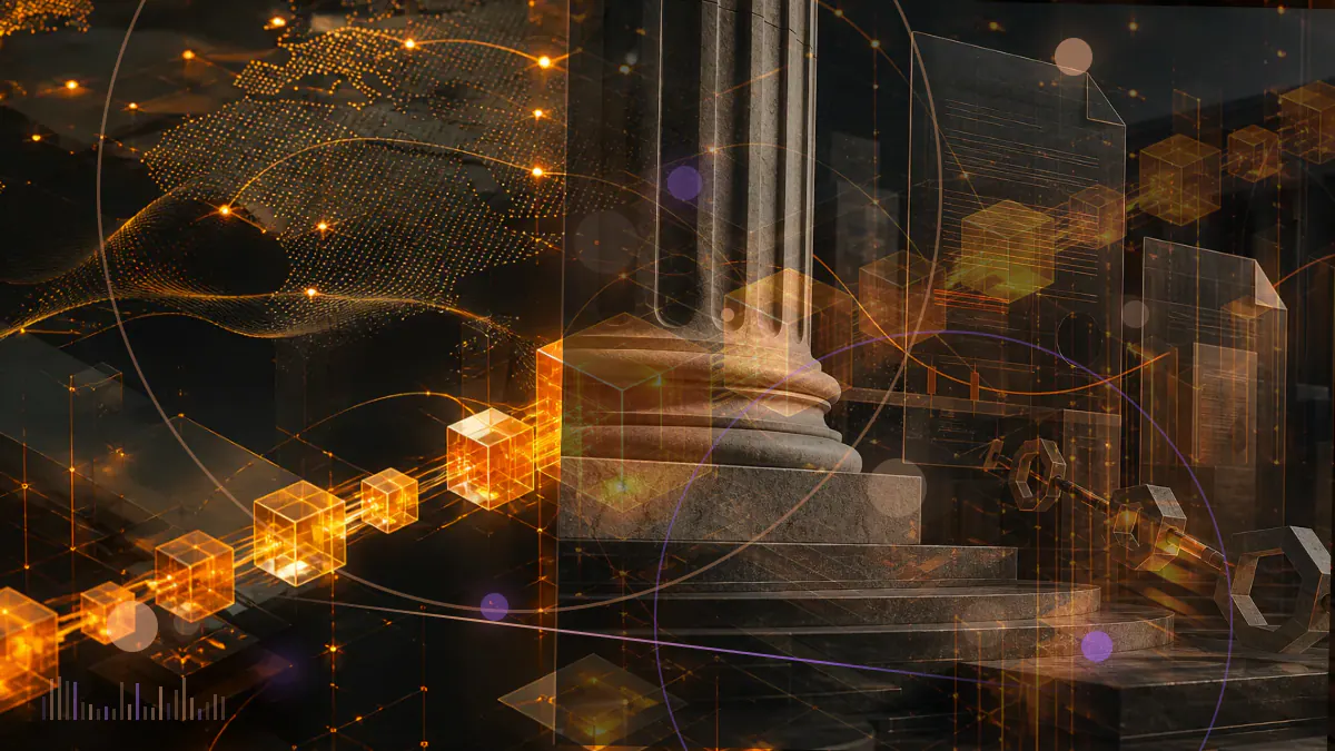Conceptual illustration of a fractured crypto lending network connecting BlockFi, FTX and bankruptcy court records