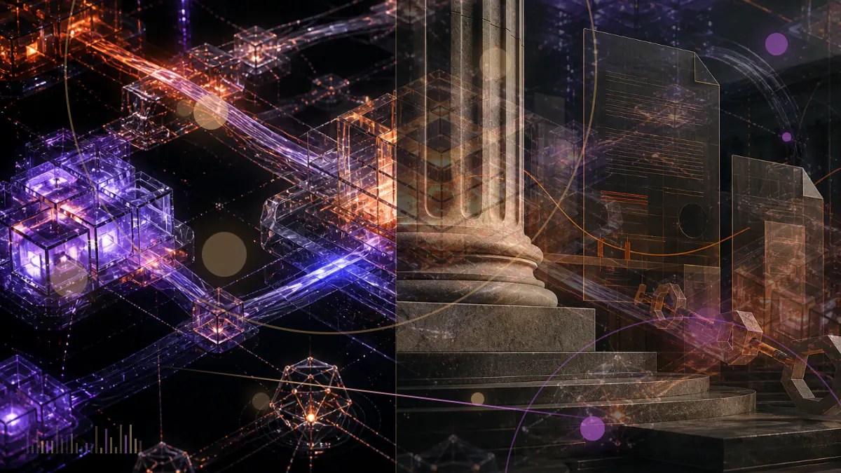 Conceptual illustration of collateral blocks falling between an institutional lender and a three-arrow hedge-fund symbol