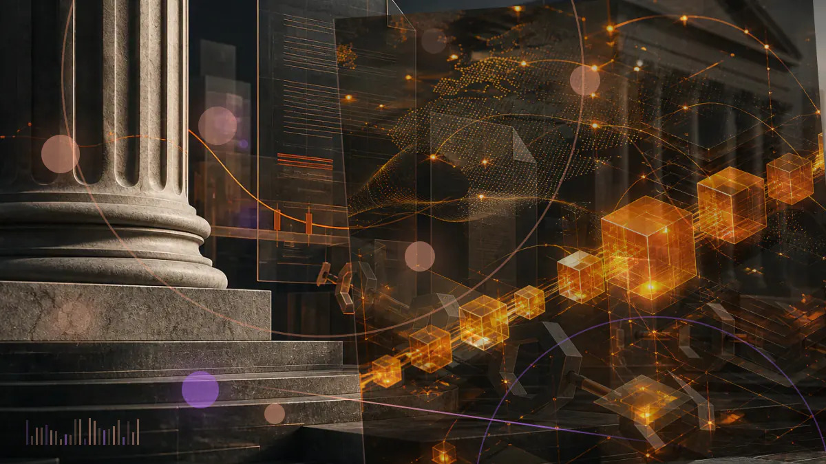 Conceptual illustration of bitcoin and ether secured inside an institutional bank custody vault connected to a digital ledger
