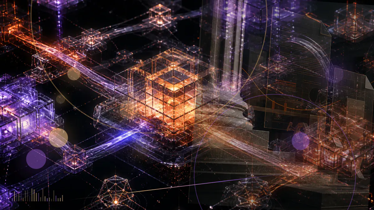 Conceptual illustration of a federal banking institution connected to a cryptocurrency exchange through a regulatory transition