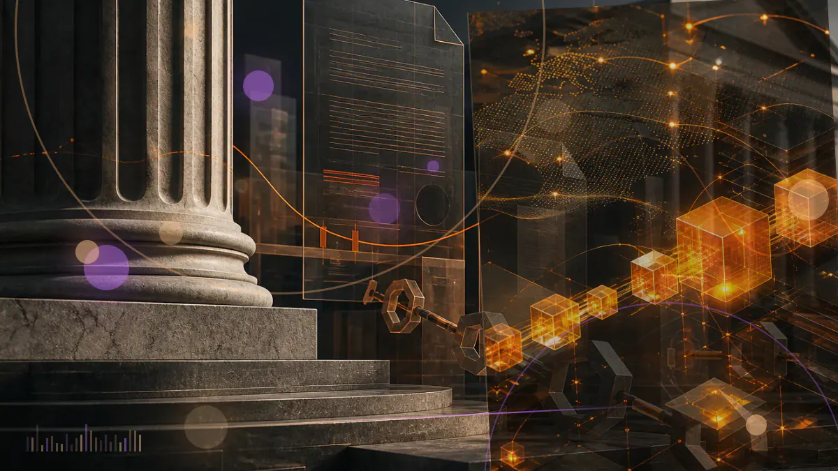 Conceptual illustration of Brazilian real-estate assets connected through an Ethereum token ledger to an institutional bank structure