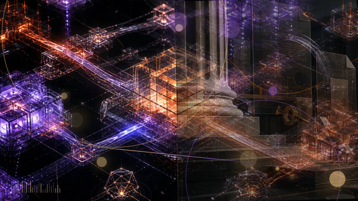 Conceptual illustration of a bank ledger and Brazilian real-estate structures connected to a Tezos-style blockchain network
