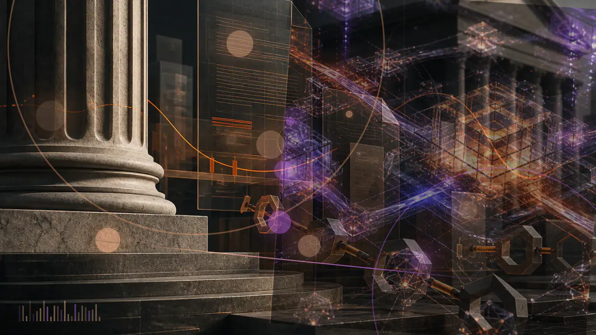 Conceptual illustration of a Bitcoin token divided between a Berkshire-style value ledger and an illuminated digital market chart