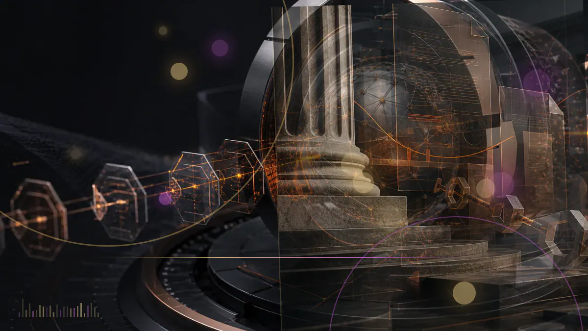 Conceptual illustration of a blockchain ledger connecting with a traditional shareholder registry and capital-markets infrastructure