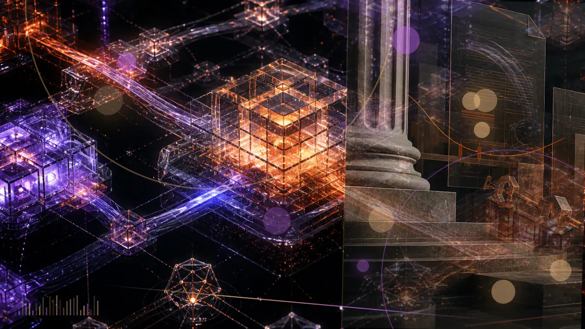Conceptual illustration of a cryptocurrency exchange entering the New York Stock Exchange as a volatile equity-price chart rises and retreats