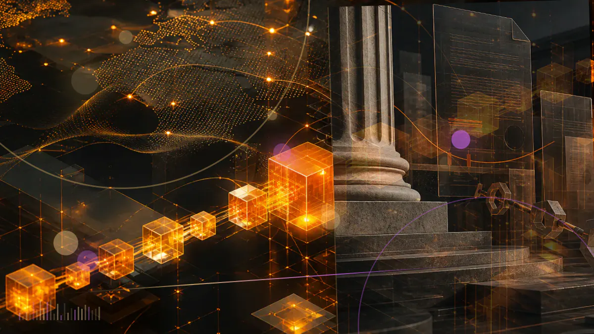 Conceptual illustration of institutional mutual-fund records moving onto a shared blockchain ledger