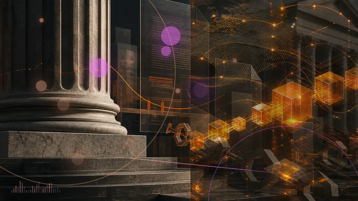 Conceptual illustration of a California policy document connecting government institutions with a blockchain network