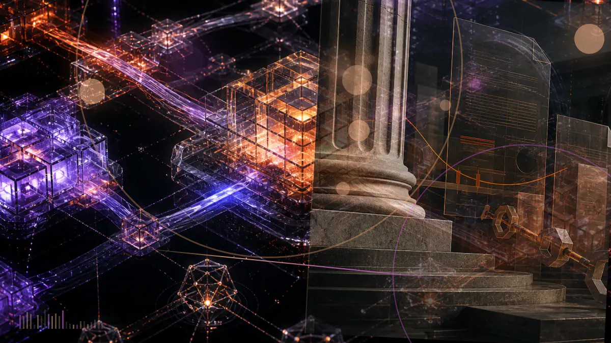 Conceptual illustration of Bitcoin mining chips, cooling hardware and financial figures descending across an industrial data grid