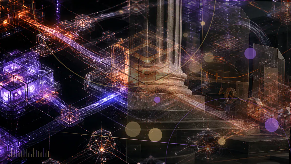 Conceptual illustration of a Canadian regulatory notice beside a cryptocurrency exchange ledger and compliance-network nodes