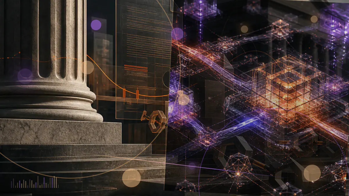 Conceptual illustration of a Cardano token rising above a market chart as smart-contract code approaches the network