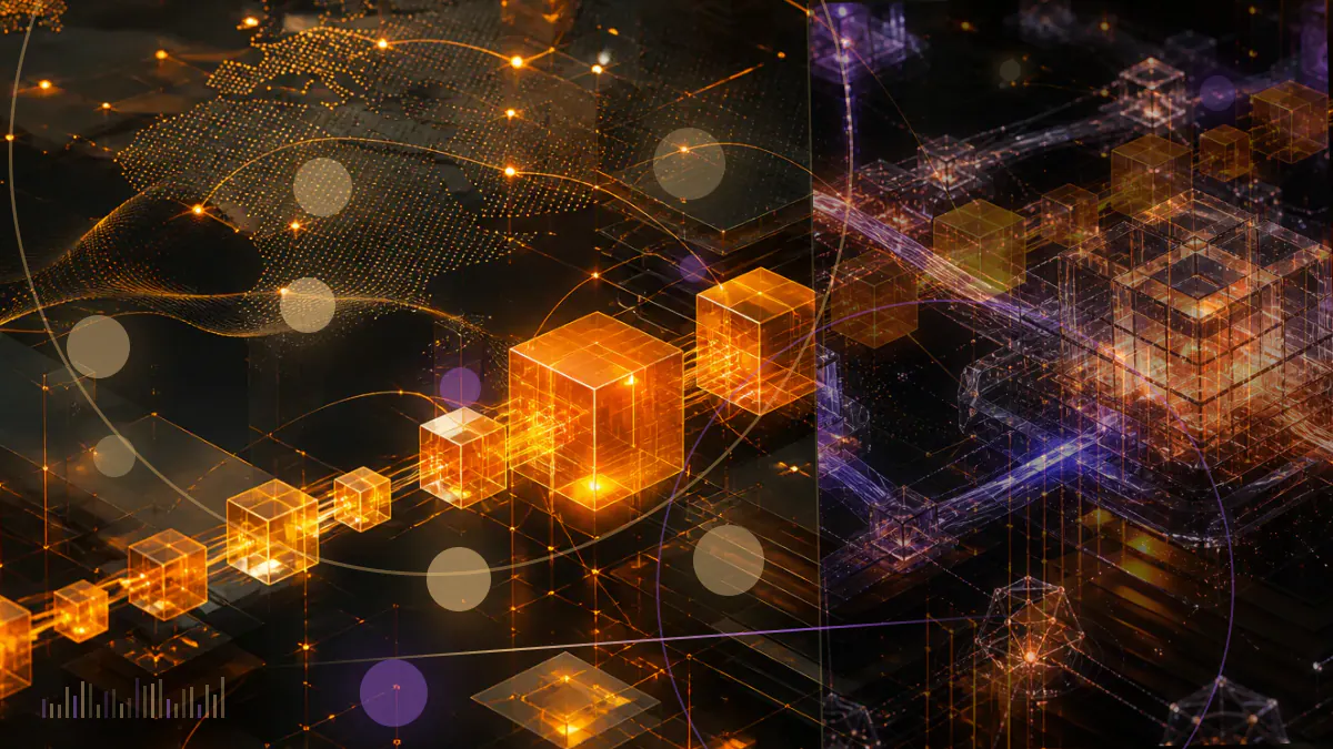 Conceptual illustration of Cardano crossing an epoch boundary as programmable Plutus scripts illuminate across the network