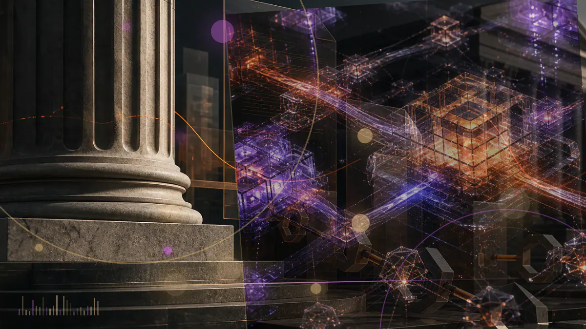 Conceptual illustration of Cardano governance participants assembling a constitutional framework around a blockchain network