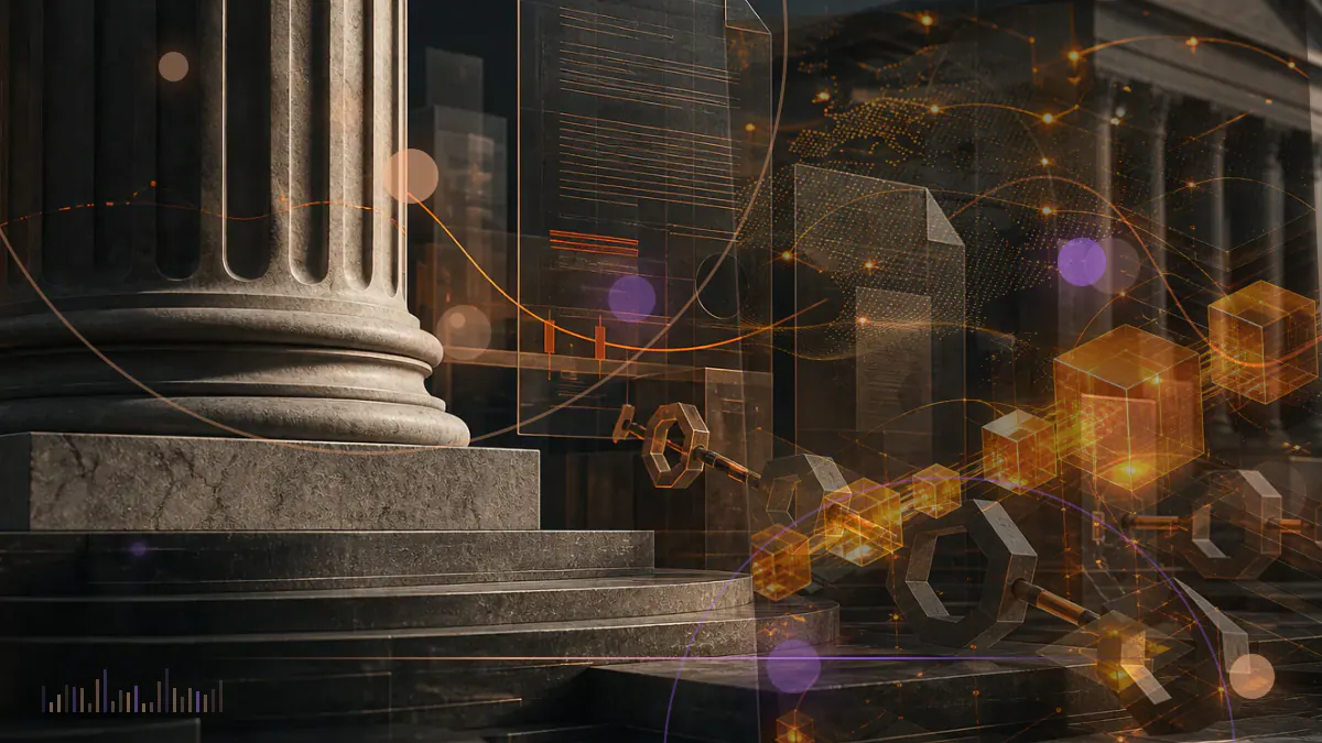 Conceptual illustration of Cardano nodes rising through a ranked digital-asset market grid toward a decentralized staking network