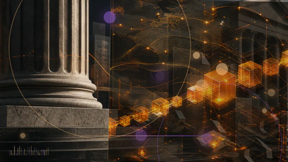 Conceptual illustration of interconnected central banks supporting a shared digital currency basket beside the U.S. dollar