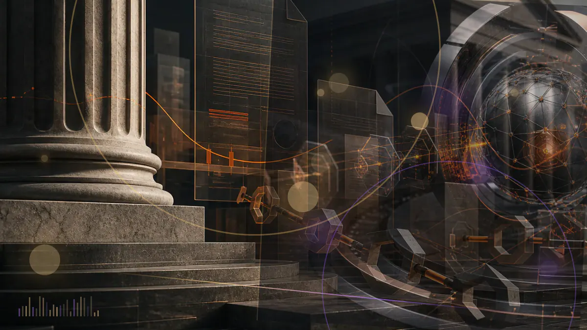 Conceptual illustration of a federal court gavel above an abstract cryptocurrency exchange ledger