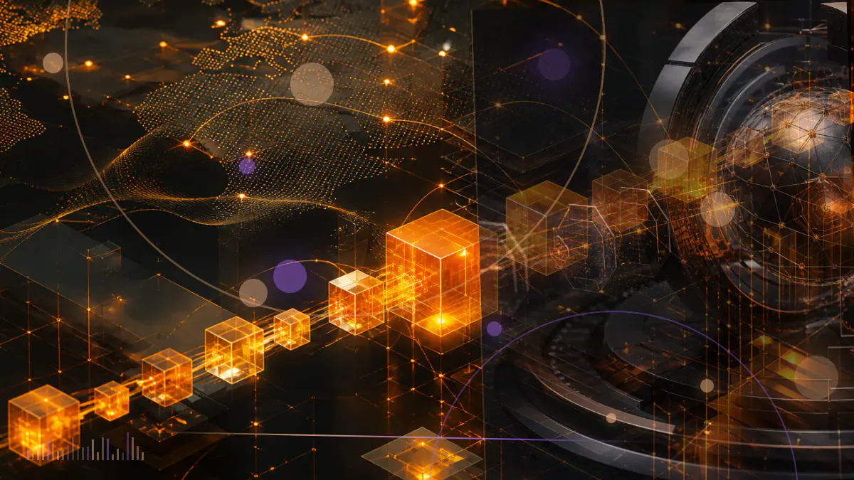 Conceptual illustration of bitcoin transactions flowing through a mobile payments network and financial ledger