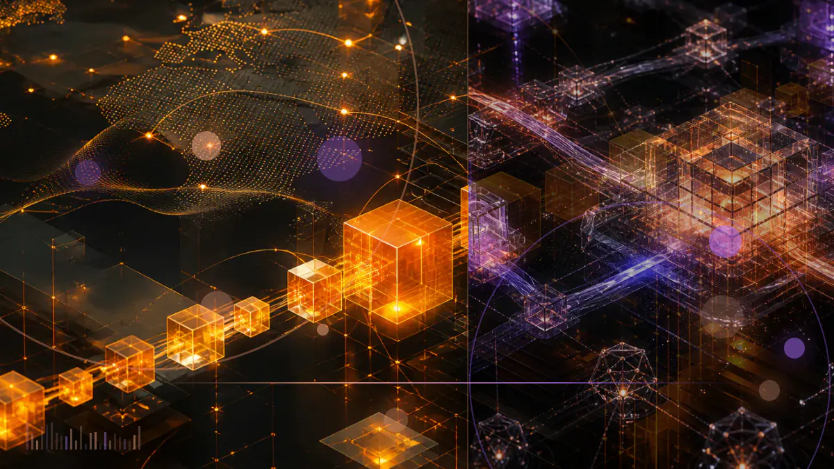 Conceptual illustration of five Bitcoin fund filings connected through a market-surveillance network to Coinbase and Cboe