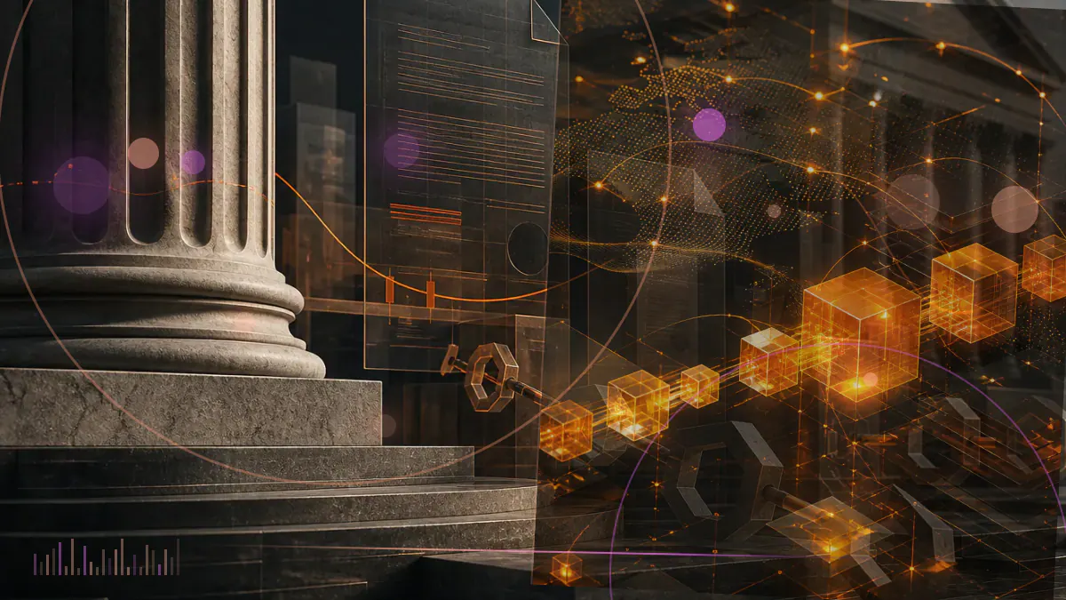 Conceptual illustration of bitcoin and ether symbols connected to a regulated futures exchange and central clearing system