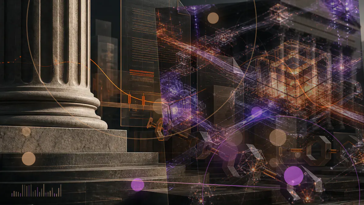 Conceptual illustration of four institutional filing documents converging on a bitcoin market-surveillance network