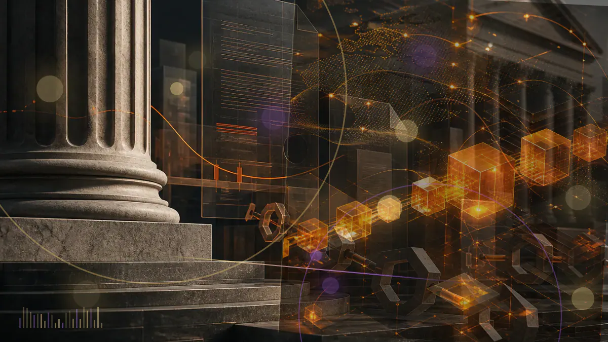 Conceptual illustration of a withdrawn regulatory filing between a bitcoin symbol and a securities exchange building