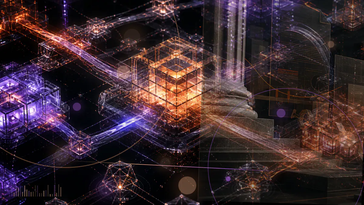 Conceptual illustration of assorted cryptocurrency tokens passing through a court-authorized conversion channel into bitcoin and ether