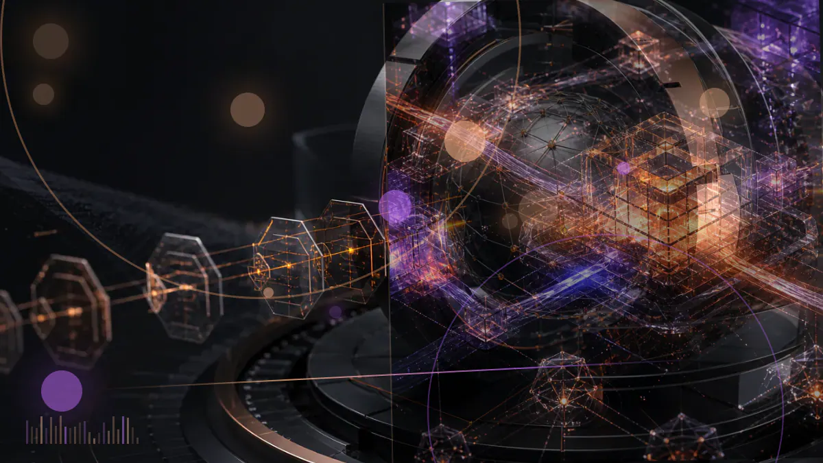 Conceptual illustration of bitcoin mining machines and a digital balance sheet inside a bankruptcy courtroom