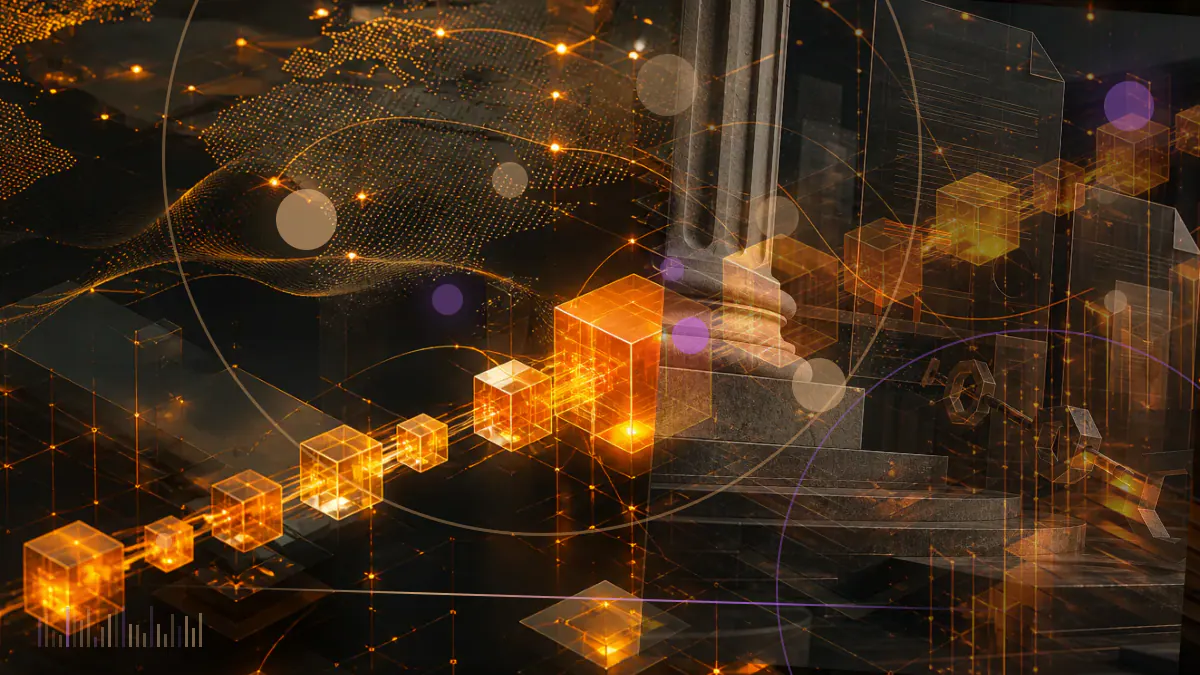 Conceptual illustration of a leadership transition at the CFTC beside cryptocurrency and derivatives market symbols