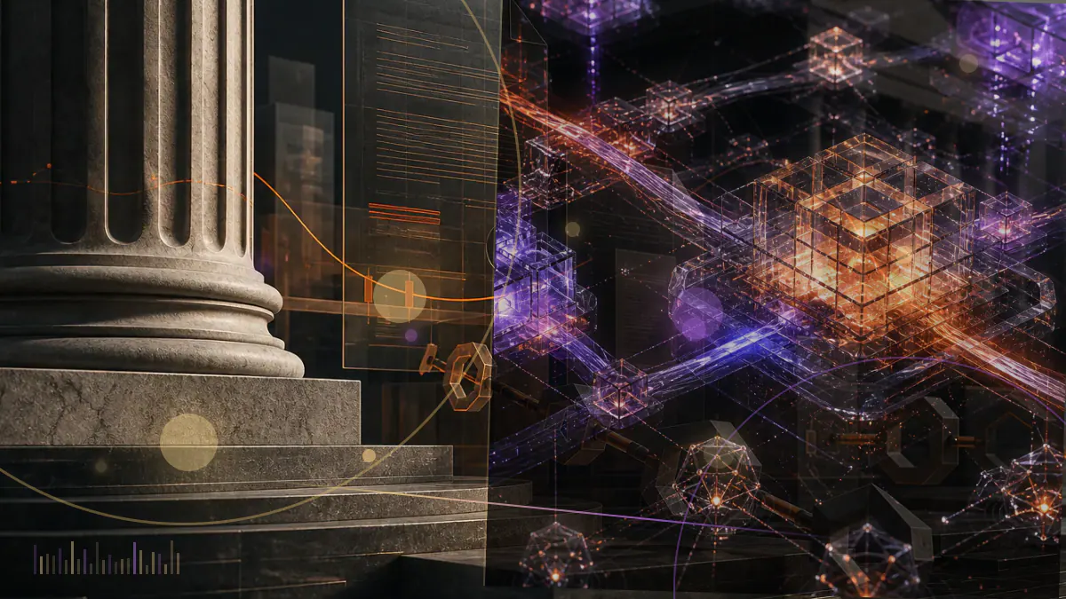 Conceptual illustration of the Ethereum network positioned between a commodities ledger, congressional hearing documents and federal regulatory architecture