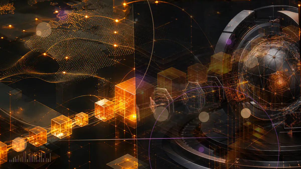 Conceptual illustration of federal court orders, regulatory documents and a fractured cryptocurrency exchange ledger