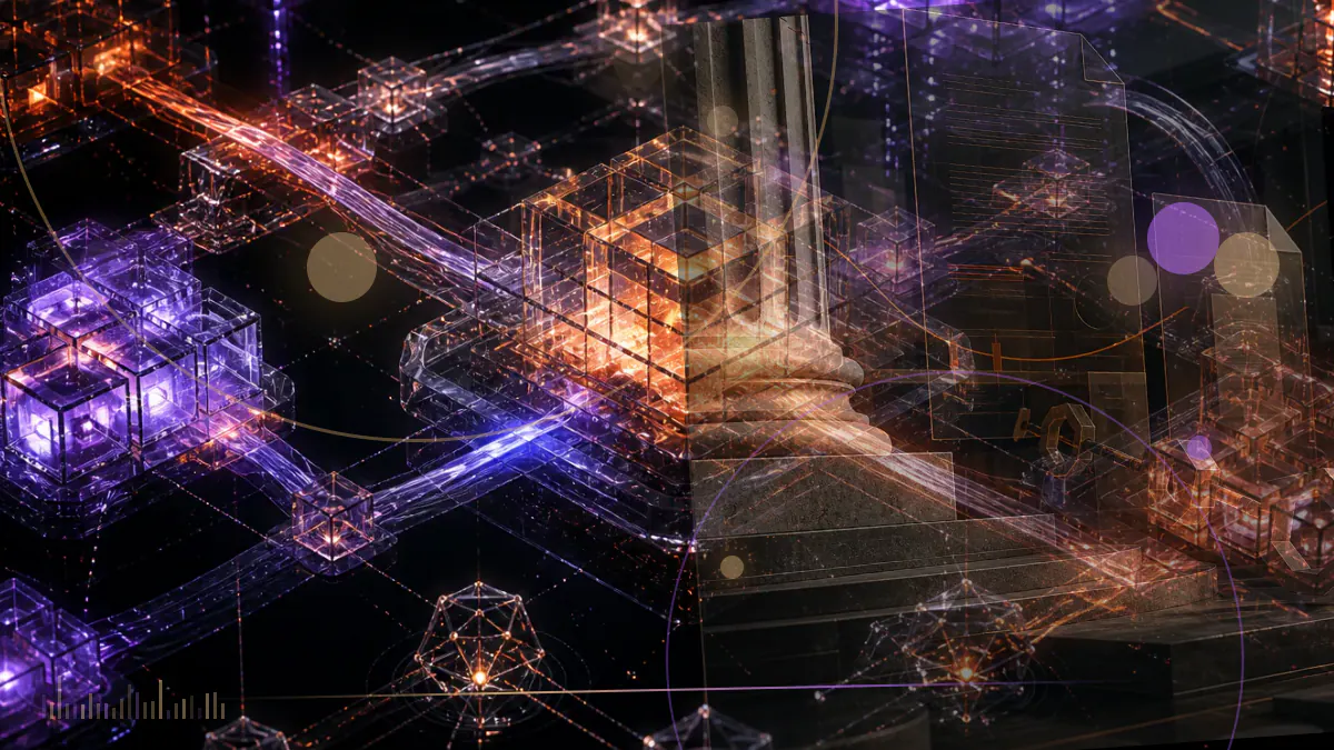 Conceptual illustration of a federal regulatory ledger connected to bitcoin futures contracts and fragmented cryptocurrency trading networks
