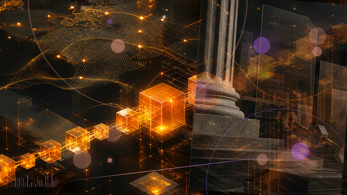 Conceptual regulatory ledger showing digital-asset enforcement cases across a blockchain network