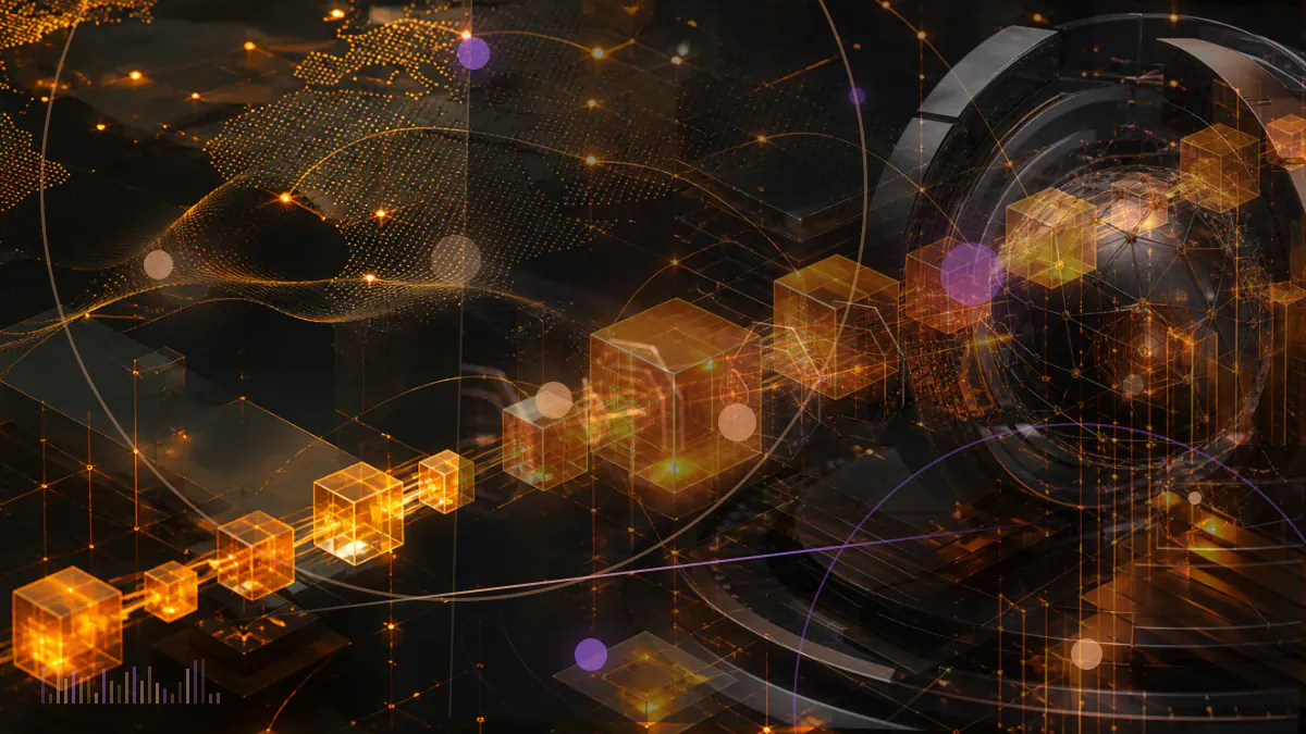 Conceptual illustration of a federal enforcement complaint beside digital-asset marketing screens and Bitcoin and Ethereum symbols