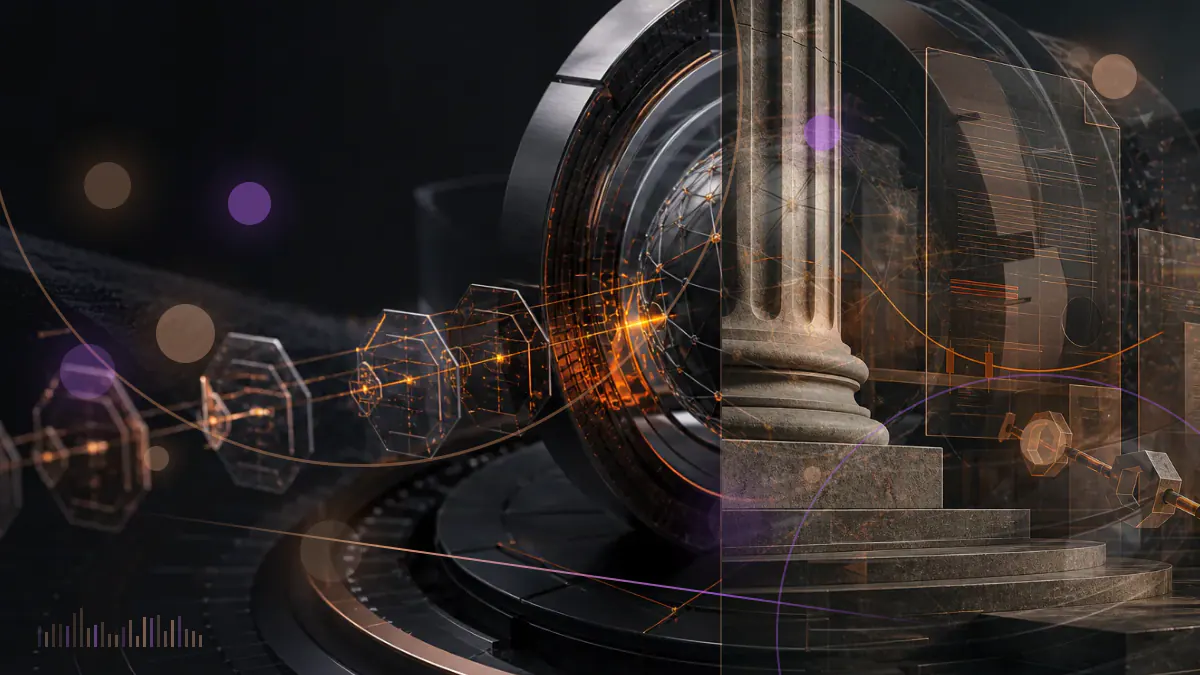 Conceptual illustration of a cryptocurrency exchange terminal beside a sealed federal enforcement order and compliance controls