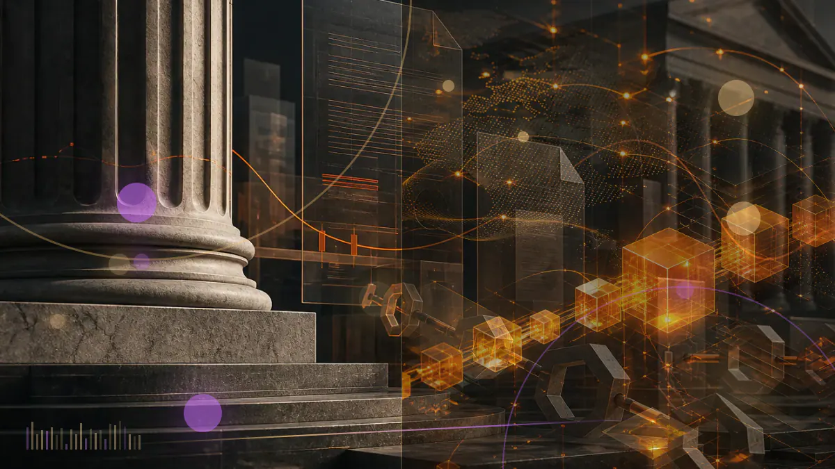 Conceptual illustration of an Ethereum network and Ether market data being examined through a United States regulatory ledger