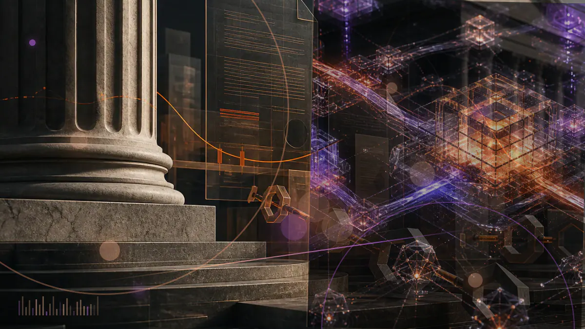 Conceptual illustration of DAO governance tokens casting votes beneath the scales of federal commodities law
